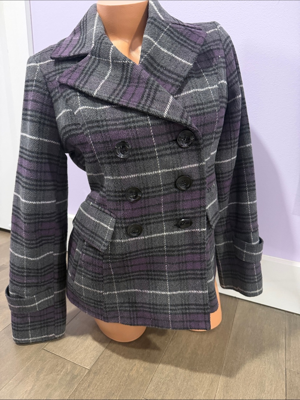attention Gray & Purple Plaid Double-Breasted Peacoat